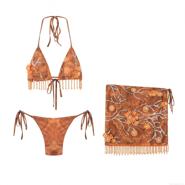 Sexy 3-Piece Bikini Set Halter Swimsuit with Sequin Flower Fringe Sarong Skirt Bohemian Women's Beachwear Embroidery Tassel Swimwear Cover Up Sexy 3-Piece Bikini Set Halter Swimsuit with Sequin Flower Fringe Sarong Skirt Bohemian Women's Beachwear Embroidery Tassel Swimwear Cover Up