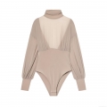 Sexy Backless Mesh Patchwork Bodysuit Women Half High Neck Long Sleeve Draped Back Slim Fit Leotard Jumpsuit Top Streetwear Party Clubwear