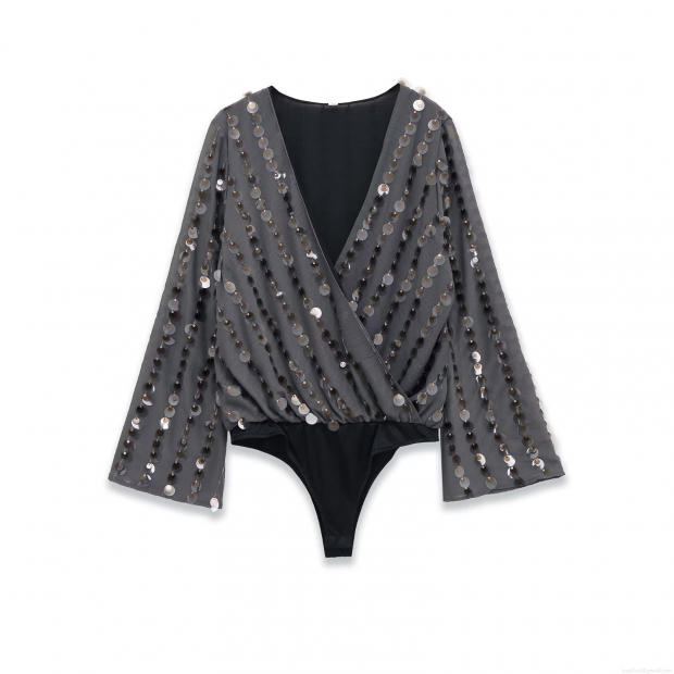 Sexy V Neck Sequin Bodysuit Women Long Bell Sleeve 100% Polyester Patchwork Jumpsuit For Party Club Street Style Night Out Gray Sexy V Neck Sequin Bodysuit Women Long Bell Sleeve 100% Polyester Patchwork Jumpsuit For Party Club Street Style Night Out Gray