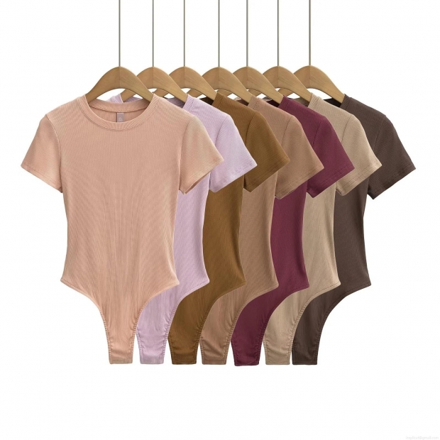 Women's Ribbed Short Sleeve Bodysuit Stretch Modal Blend Round Neck Slim Fit One-Piece T-Shirt Sexy Summer Base Layer Solid Color Top Women's Ribbed Short Sleeve Bodysuit Stretch Modal Blend Round Neck Slim Fit One-Piece T-Shirt Sexy Summer Base Layer Solid Color Top
