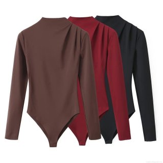 Women Mock Neck Pleated Shoulder Bodysuit Polyester Long Sleeve Slim Fit Sexy Solid Color Leotard Top For Party Daily Casual Streetwear Outfit Women Mock Neck Pleated Shoulder Bodysuit Polyester Long Sleeve Slim Fit Sexy Solid Color Leotard Top For Party Daily Casual Streetwear Outfit