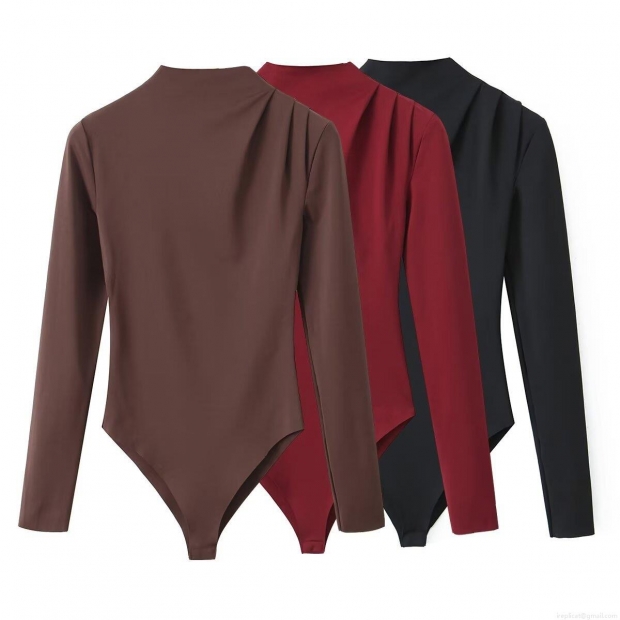 Women Mock Neck Pleated Shoulder Bodysuit Polyester Long Sleeve Slim Fit Sexy Solid Color Leotard Top For Party Daily Casual Streetwear Outfit Women Mock Neck Pleated Shoulder Bodysuit Polyester Long Sleeve Slim Fit Sexy Solid Color Leotard Top For Party Daily Casual Streetwear Outfit