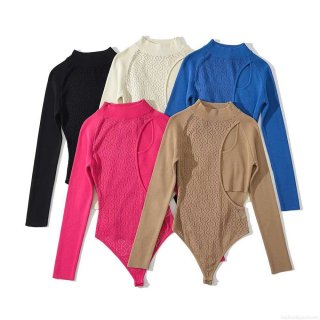Women Sexy Hollow Out Knit Bodysuit Long Sleeve Rayon Nylon Bodycon Jumpsuit Streetwear Chic One-Piece Top Nightclub Party Wear