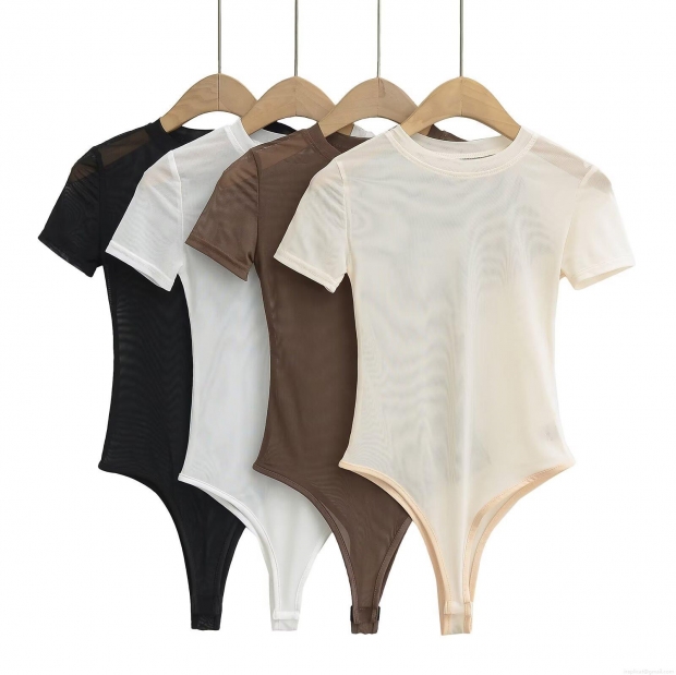 Women's Sexy See-Through Polyester Mesh Bodysuit Round Neck Short Sleeve Solid Color Slim Fit Jumpsuit Leotard Top For Streetwear Daily Wear Women's Sexy See-Through Polyester Mesh Bodysuit Round Neck Short Sleeve Solid Color Slim Fit Jumpsuit Leotard Top For Streetwear Daily Wear