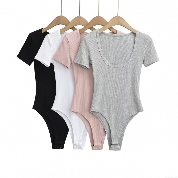 Women's U-Neck Short Sleeve Ribbed Bodysuit Slim Fit Stretchy Leotard Jumpsuit Casual Summer Streetwear Tee Top For Ladies Women's U-Neck Short Sleeve Ribbed Bodysuit Slim Fit Stretchy Leotard Jumpsuit Casual Summer Streetwear Tee Top For Ladies