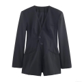 Women Deep V-neck Blazer Bodysuit Long Sleeve Single Breasted Woven Jumpsuit With Shoulder Pads Streetwear Fashion Solid Black Romper Top Women Deep V-neck Blazer Bodysuit Long Sleeve Single Breasted Woven Jumpsuit With Shoulder Pads Streetwear Fashion Solid Black Romper Top