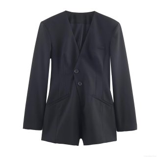 Women Deep V-neck Blazer Bodysuit Long Sleeve Single Breasted Woven Jumpsuit With Shoulder Pads Streetwear Fashion Solid Black Romper Top Women Deep V-neck Blazer Bodysuit Long Sleeve Single Breasted Woven Jumpsuit With Shoulder Pads Streetwear Fashion Solid Black Romper Top