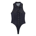 Women's Denim Slim Fit Bodysuit Lapel Collar Single Breasted Sleeveless Jumpsuit Fashion Dark Blue Sexy Bodice For Daily Party Streetwear Women's Denim Slim Fit Bodysuit Lapel Collar Single Breasted Sleeveless Jumpsuit Fashion Dark Blue Sexy Bodice For Daily Party Streetwear