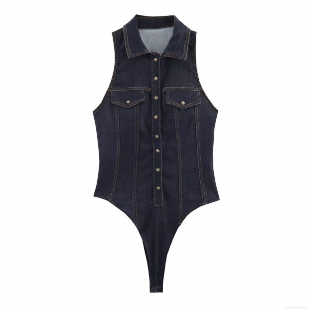 Women's Denim Slim Fit Bodysuit Lapel Collar Single Breasted Sleeveless Jumpsuit Fashion Dark Blue Sexy Bodice For Daily Party Streetwear Women's Denim Slim Fit Bodysuit Lapel Collar Single Breasted Sleeveless Jumpsuit Fashion Dark Blue Sexy Bodice For Daily Party Streetwear