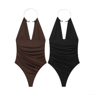 Women Sexy Halter V-Neck Bodysuit With Metal Ring Ruched Waist Slim Fit One Piece Jumpsuit For Party Club Summer Beach Sleeveless Top Women Sexy Halter V-Neck Bodysuit With Metal Ring Ruched Waist Slim Fit One Piece Jumpsuit For Party Club Summer Beach Sleeveless Top
