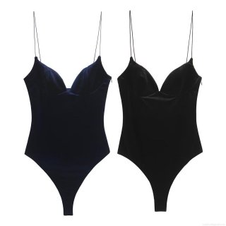 Women Sexy Velvet Bodysuit Spaghetti Strap Deep V-Neck Slim Fit One-Piece Body Suit Solid Color Clubwear Party Wear Base Layer Top Women Sexy Velvet Bodysuit Spaghetti Strap Deep V-Neck Slim Fit One-Piece Body Suit Solid Color Clubwear Party Wear Base Layer Top