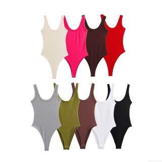 Women Sexy Sleeveless Ribbed Bodysuit U-Neck Slim Fit Solid Color Jumpsuit For Daily Party Spice Girl Style Polyester Knit Innerwear