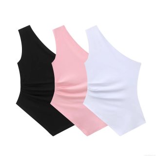 Women Sexy One Shoulder Ruched Bodysuit Sleeveless Polyester High Elasticity Jumpsuit Top For Party Clubwear Streetwear Casual White Black Pink