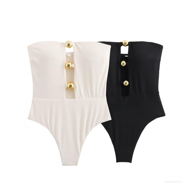 Women Strapless Off Shoulder Bodysuit With Gold Metal Balls Sleeveless Cut Out Pleated Slim Fit Jumpsuit For Party Club Summer Streetwear Women Strapless Off Shoulder Bodysuit With Gold Metal Balls Sleeveless Cut Out Pleated Slim Fit Jumpsuit For Party Club Summer Streetwear