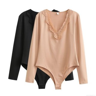 Women's Elegant V Neck Lace Trim Long Sleeve Bodysuit Polyester Elastane Slim Fit Jumpsuit Top For Daily Party Casual Wear Ladies Clothing Women's Elegant V Neck Lace Trim Long Sleeve Bodysuit Polyester Elastane Slim Fit Jumpsuit Top For Daily Party Casual Wear Ladies Clothing