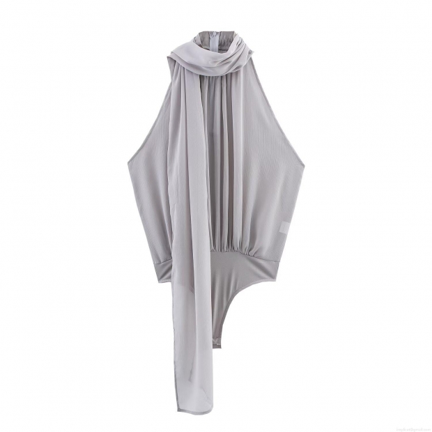 Elegant Women's Bodysuit With Bow Decoration Halter Neck Tulle Fabric Sleeveless Backless Jumpsuit For Party Evening Club Sexy Chic Bodysuit Silver Grey Elegant Women's Bodysuit With Bow Decoration Halter Neck Tulle Fabric Sleeveless Backless Jumpsuit For Party Evening Club Sexy Chic Bodysuit Silver Grey