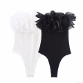 Sexy Women's Ribbed Bodysuit With Layered Organza Ruffle Trim Sleeveless Slim Fit Jumpsuit For Party Clubwear Sleek Style Solid Color White Black