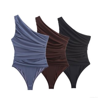 Women's Elegant One Shoulder Ruched Mesh Bodysuit Asymmetric Sleeveless Bodycon Shaping Top Slim Fit Polyester Jumpsuit for Party Clubwear Women's Elegant One Shoulder Ruched Mesh Bodysuit Asymmetric Sleeveless Bodycon Shaping Top Slim Fit Polyester Jumpsuit for Party Clubwear
