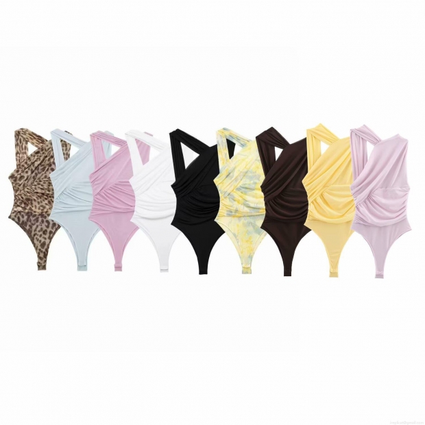 Women Sexy Mesh Bodysuit Asymmetric Ruched One Shoulder Jumpsuit Floral Leopard Printed Cross Halter Neck Bodysuit For Vacation Summer Party Slim Fit Leotard