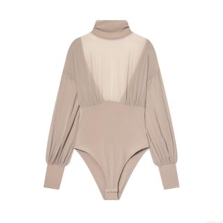 Women's Elegant High Neck Mesh Patchwork Bodysuit Khaki Long Sleeve Backless Pleated Slim Fit Top Fashion Bodycon Party Jumpsuit Leotard Women's Elegant High Neck Mesh Patchwork Bodysuit Khaki Long Sleeve Backless Pleated Slim Fit Top Fashion Bodycon Party Jumpsuit Leotard