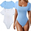 Women Sexy Ribbed Knit Bodysuit Square Neck Short Sleeve Skinny Jumpsuit For Yoga Sport Casual Stretchy Ribbed Bodysuit Solid Color Summer Tops Women Sexy Ribbed Knit Bodysuit Square Neck Short Sleeve Skinny Jumpsuit For Yoga Sport Casual Stretchy Ribbed Bodysuit Solid Color Summer Tops