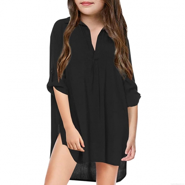 Women's Deep V-Neck Chiffon Beach Cover Up Shirt Loose Solid Color Long Sleeve Swimsuit Smock Maternity Beachwear Blouse With Side Slit Women's Deep V-Neck Chiffon Beach Cover Up Shirt Loose Solid Color Long Sleeve Swimsuit Smock Maternity Beachwear Blouse With Side Slit