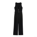 Women's Elegant Sleeveless V Neck Jumpsuit With Belt Fashion Office Commuter Solid Color Wide Leg Long Pants Romper Overalls For Ladies Women's Elegant Sleeveless V Neck Jumpsuit With Belt Fashion Office Commuter Solid Color Wide Leg Long Pants Romper Overalls For Ladies