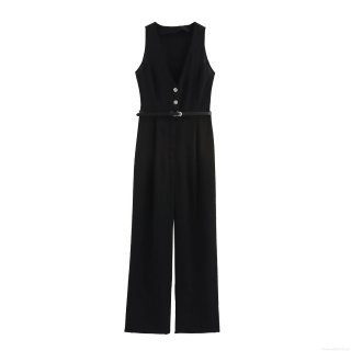 Women's Elegant Sleeveless V Neck Jumpsuit With Belt Fashion Office Commuter Solid Color Wide Leg Long Pants Romper Overalls For Ladies Women's Elegant Sleeveless V Neck Jumpsuit With Belt Fashion Office Commuter Solid Color Wide Leg Long Pants Romper Overalls For Ladies