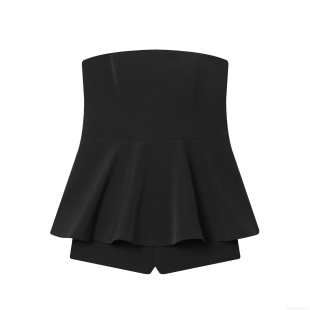 Women's Sexy Strapless Tube Top Romper With Peplum Waist Solid Black Backless Polyester Jumpsuit Summer Club Party Short Jumpsuits For Ladies Women's Sexy Strapless Tube Top Romper With Peplum Waist Solid Black Backless Polyester Jumpsuit Summer Club Party Short Jumpsuits For Ladies