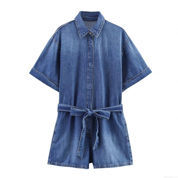 Women Western Style Denim Romper Short Sleeve Lapel Button Up Jumpsuit With Belt Royal Blue Summer Streetwear Casual Fashion Denim Playsuit Women Western Style Denim Romper Short Sleeve Lapel Button Up Jumpsuit With Belt Royal Blue Summer Streetwear Casual Fashion Denim Playsuit