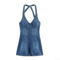 Sexy Backless Halterneck Denim Romper for Women Washed Blue Sleeveless Jumpsuit Summer Slim Fit Short Playsuit Streetwear Polyester Jumpsuit Sexy Backless Halterneck Denim Romper for Women Washed Blue Sleeveless Jumpsuit Summer Slim Fit Short Playsuit Streetwear Polyester Jumpsuit