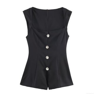 Women's Elegant Sleeveless Square Neck Jumpsuit With Jeweled Rhinestone Buttons Polyester Slim Fit One-Piece Short Romper For Summer Party Streetwear Casual Women's Elegant Sleeveless Square Neck Jumpsuit With Jeweled Rhinestone Buttons Polyester Slim Fit One-Piece Short Romper For Summer Party Streetwear Casual