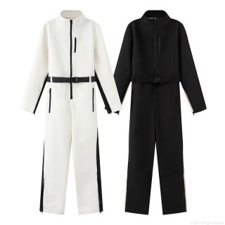 Women Waterproof One Piece Ski Suit Windproof Fleece Lined Winter Jumpsuit With Belt Functional Outdoor Snow Sportswear Slim Fit Sporty Bodysuit
