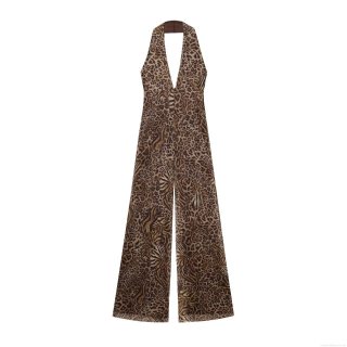Women Sexy Leopard Print Mesh Halter Jumpsuit Deep V Neck Sleeveless Backless Wide Leg Long Pants Romper Summer Beach Resort Outfits Women Sexy Leopard Print Mesh Halter Jumpsuit Deep V Neck Sleeveless Backless Wide Leg Long Pants Romper Summer Beach Resort Outfits