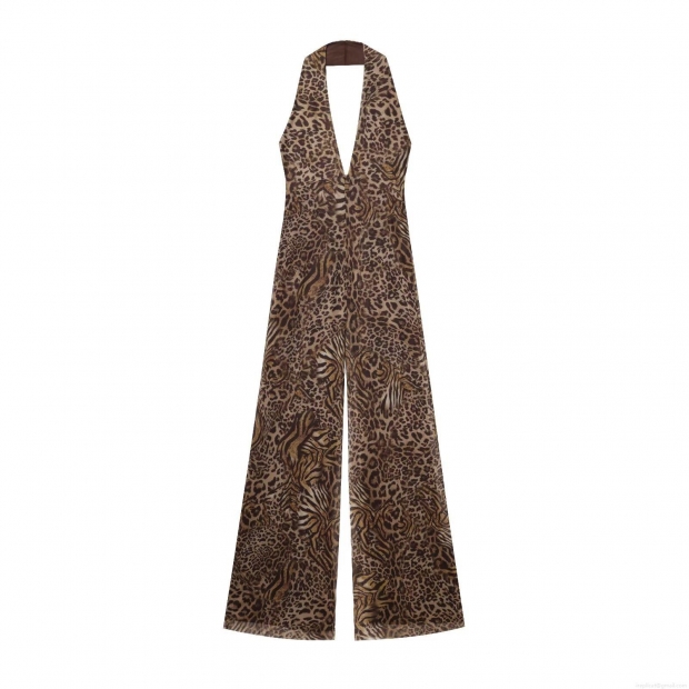 Women Sexy Leopard Print Mesh Halter Jumpsuit Deep V Neck Sleeveless Backless Wide Leg Long Pants Romper Summer Beach Resort Outfits Women Sexy Leopard Print Mesh Halter Jumpsuit Deep V Neck Sleeveless Backless Wide Leg Long Pants Romper Summer Beach Resort Outfits