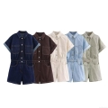 Women's Summer Short Sleeve Denim Romper Washed Cotton Turn-down Collar Button Up Cargo Jumpsuit With Pockets Casual Utility Playsuit Fashion One Piece Outfit Women's Summer Short Sleeve Denim Romper Washed Cotton Turn-down Collar Button Up Cargo Jumpsuit With Pockets Casual Utility Playsuit Fashion One Piece Outfit