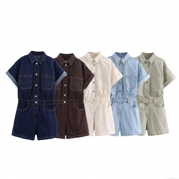 Women's Summer Short Sleeve Denim Romper Washed Cotton Turn-down Collar Button Up Cargo Jumpsuit With Pockets Casual Utility Playsuit Fashion One Piece Outfit Women's Summer Short Sleeve Denim Romper Washed Cotton Turn-down Collar Button Up Cargo Jumpsuit With Pockets Casual Utility Playsuit Fashion One Piece Outfit
