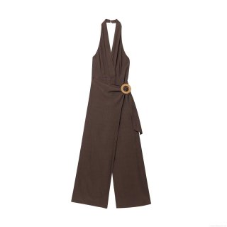 Women Summer Halter Neck Backless Jumpsuit Fashion Casual Wide Leg Long Pants With Round Woven Buckle Polyester Mixed Linen Texture Jumpsuit Women Summer Halter Neck Backless Jumpsuit Fashion Casual Wide Leg Long Pants With Round Woven Buckle Polyester Mixed Linen Texture Jumpsuit