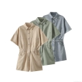 Women's Casual Utility Short Jumpsuit Cotton Blend Lapel Short Sleeve Single Breasted Romper With Pockets Summer Solid Color Waist Cinched One Piece Fashion Outfit For Women