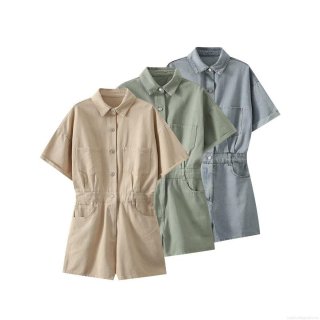 Women's Casual Utility Short Jumpsuit Cotton Blend Lapel Short Sleeve Single Breasted Romper With Pockets Summer Solid Color Waist Cinched One Piece Fashion Outfit For Women Women's Casual Utility Short Jumpsuit Cotton Blend Lapel Short Sleeve Single Breasted Romper With Pockets Summer Solid Color Waist Cinched One Piece Fashion Outfit For Women
