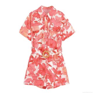 Women's Casual Floral Print Short Sleeve Jumpsuit With Belt Turn-down Collar Button Up Summer Holiday Romper Pocket Decorative Lightweight Outfit Women's Casual Floral Print Short Sleeve Jumpsuit With Belt Turn-down Collar Button Up Summer Holiday Romper Pocket Decorative Lightweight Outfit