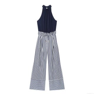 Women Halter Neck Jumpsuit Sleeveless Cotton Linen Blend Navy Blue Patchwork Blue White Striped Wide Leg Long Pant Casual One Piece Outfit With Waist Tie Women Halter Neck Jumpsuit Sleeveless Cotton Linen Blend Navy Blue Patchwork Blue White Striped Wide Leg Long Pant Casual One Piece Outfit With Waist Tie