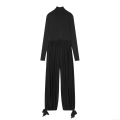 Women Elegant Mock Neck Long Sleeve Jumpsuit Pleated Wide Leg Long Pants With Bow Tie Ankle And Thumb Holes Solid Color Party Jumpsuit For Women Women Elegant Mock Neck Long Sleeve Jumpsuit Pleated Wide Leg Long Pants With Bow Tie Ankle And Thumb Holes Solid Color Party Jumpsuit For Women