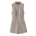 Women's Sleeveless Stand Collar Romper Elegant Solid Color Button Down Short Jumpsuit Summer Chic Playsuit With Pockets Casual Party Outfit For Women Women's Sleeveless Stand Collar Romper Elegant Solid Color Button Down Short Jumpsuit Summer Chic Playsuit With Pockets Casual Party Outfit For Women