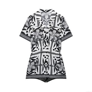 Women's Bohemian Floral Geometric Print Romper Short Sleeve V Neck Button Down Jumpsuit With Elastic Waist Summer Casual Beach Short Playsuit For Women Women's Bohemian Floral Geometric Print Romper Short Sleeve V Neck Button Down Jumpsuit With Elastic Waist Summer Casual Beach Short Playsuit For Women