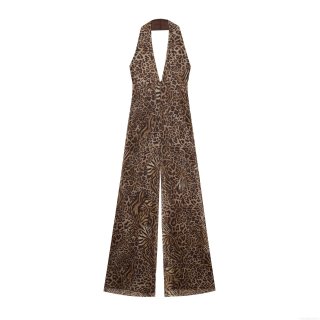 Sexy Women Leopard Print Halter Jumpsuit Sleeveless Mesh Polyester Cotton Blend V Neck Wide Leg Straight Long Romper Party Clubwear Sexy Women Leopard Print Halter Jumpsuit Sleeveless Mesh Polyester Cotton Blend V Neck Wide Leg Straight Long Romper Party Clubwear