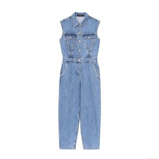 Women's Sleeveless Washed Denim Jumpsuit Balloon Silhouette Button Up Lapel One Piece Romper With Multi Pockets Casual Cotton Blend Jumpsuit For Summer Women Clothing Women's Sleeveless Washed Denim Jumpsuit Balloon Silhouette Button Up Lapel One Piece Romper With Multi Pockets Casual Cotton Blend Jumpsuit For Summer Women Clothing