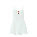 Women Sexy V Neck Spaghetti Strap Romper Cotton Polyester Blend Floral Bow Sleeveless Short Jumpsuit For Summer Beach Party Vacation Elegant White Play suit