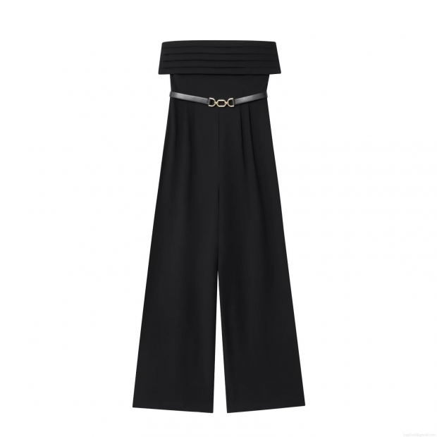 Women's Sexy Strapless Jumpsuit With Metal Buckle Belt Elegant High Waist Wide Leg Long Pants Romper For Evening Party Clubwear Women's Sexy Strapless Jumpsuit With Metal Buckle Belt Elegant High Waist Wide Leg Long Pants Romper For Evening Party Clubwear