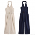 Women's Elegant Halter Neck Jumpsuit with Metal Buckle Belt Lapel Collar Sleeveless High Waist Wide Leg Long Pants Modern Office Business Chic One-Piece Outfit Women's Elegant Halter Neck Jumpsuit with Metal Buckle Belt Lapel Collar Sleeveless High Waist Wide Leg Long Pants Modern Office Business Chic One-Piece Outfit